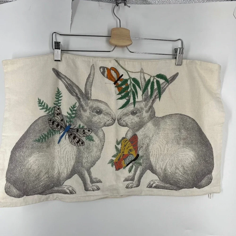 Pottery Barn Rabbit Hare Butterfly Linen Blend Lumbar Pillow Cover 26x16
